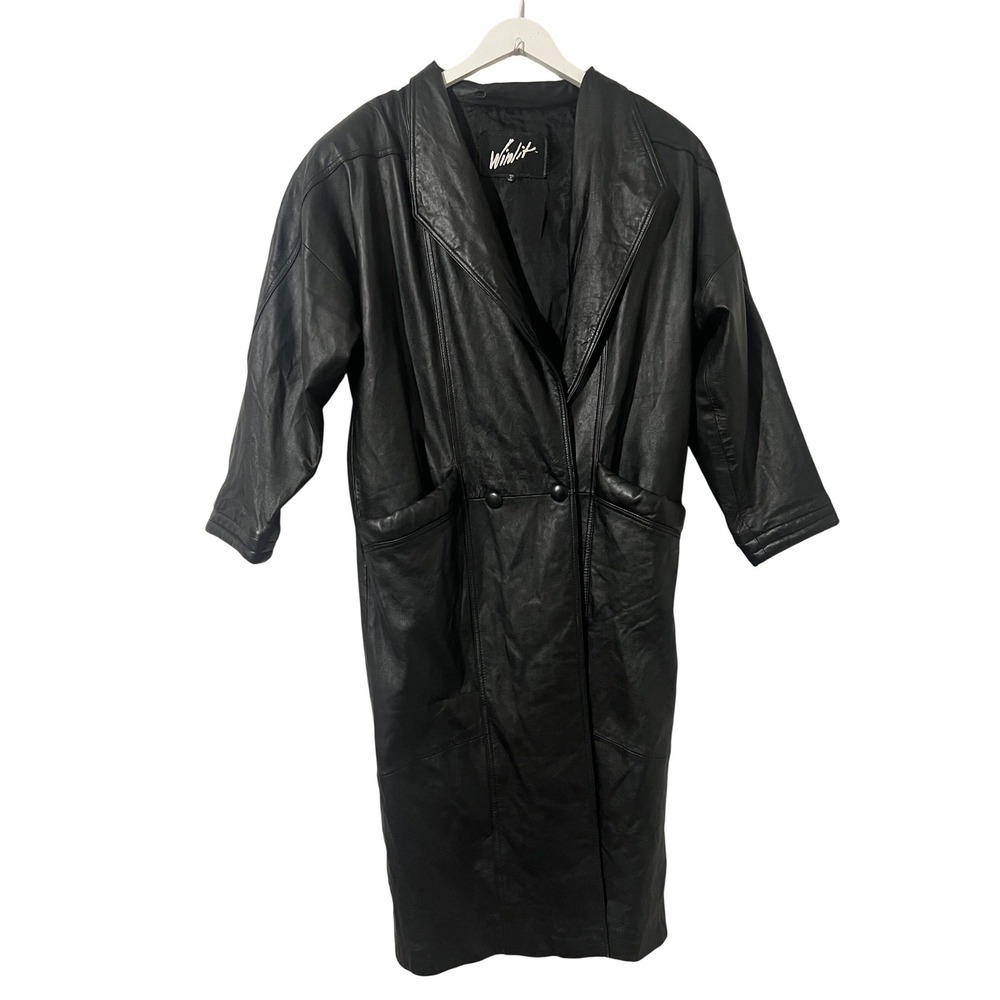 VTG WINLIT Black 100% Genuine Leather Women's Trench Coat Long‎ Size M